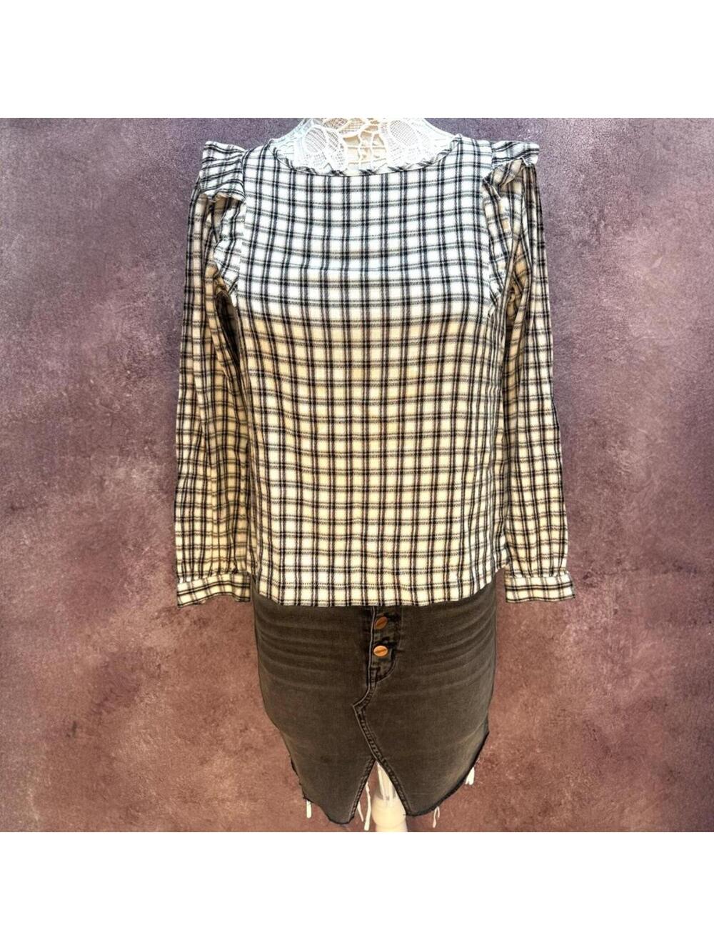LOFT Plaid Ruffle Long Sleeve Blouse